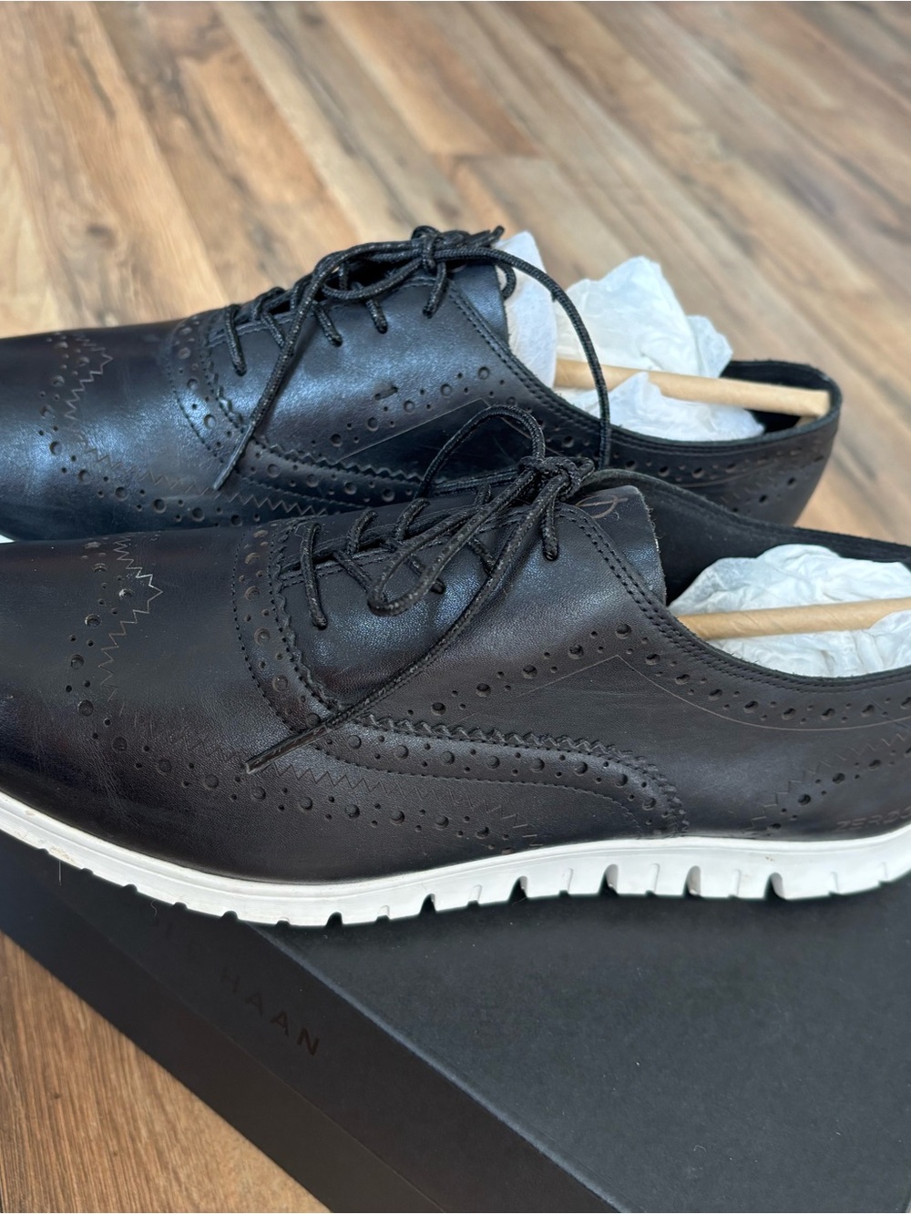 Cole Haan Women’s Black Leather Wingtip Derby with White Sole
